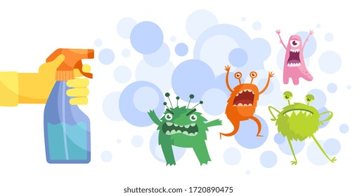 Colorful cartoon bacteria and a gloved hand spraying anti-bacterial spray from a spray bottle in a hygiene and cleanliness concept, colored vector illustration