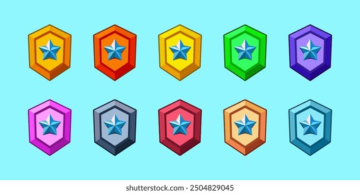 Colorful cartoon badge icon with stars. Shield and protection icon. Orange, red, yellow, green, purple, pink, cyan, black. Icon for fantasy and rpg games.