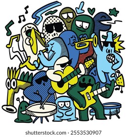 Colorful cartoon band playing instruments , Cute hand drawn doodles , Illustration Vector