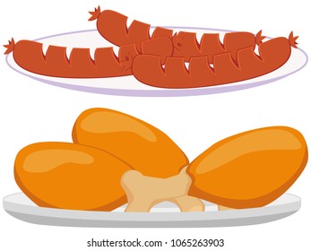 Colorful cartoon BBQ plate set. Comfort fastfood vector illustration for gift card certificate banner sticker, badge, sign, stamp, logo, label, icon, poster, patch