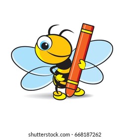 colorful cartoon bee holding a red pastal-vector drawing