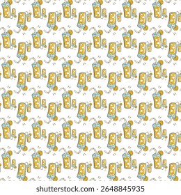 Colorful Cartoon Beverage Seamless Pattern with Lemonade Glasses and Orange Slices