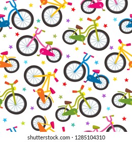 Colorful cartoon bicycles seamless pattern with bikes of different construction and stars on white background used for sport magazine, textile, wrapping paper.