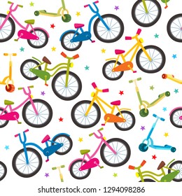 Colorful cartoon bicycles seamless pattern with bikes of different construction and stars on white background used for sport magazine, textile, wrapping paper.