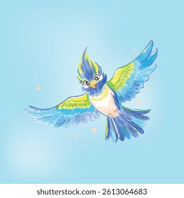 Colorful Cartoon Bird Flying Joyfully Against a Bright Blue Background 