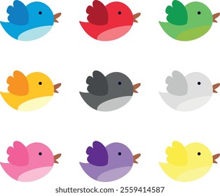 Colorful cartoon birds arranged in three rows and three columns. Birds are colored: blue, red, green, yellow, gray, white, pink, purple, orange . 