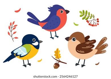 Colorful cartoon birds in autumn setting with leaves and berries