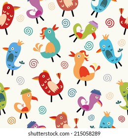 Colorful cartoon birds seamless pattern with isolated elements, vector illustration