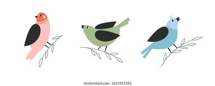 Colorful cartoon birds sitting on tree branches – flat vector clipart set