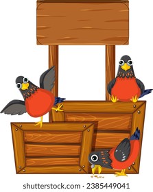 Colorful cartoon birds standing near a signboard frame banner
