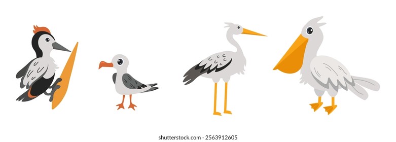 Colorful cartoon birds in various poses on a white background