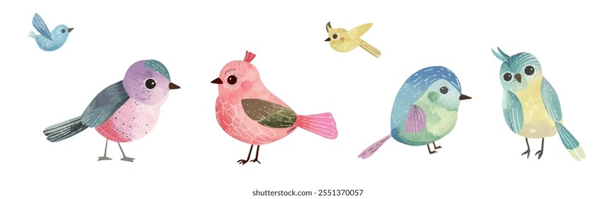 Colección de Vector colorida de los pájaros de la historieta en colores verde claro y amarillo azules rosados de Pasterl. Parejas de pájaros Pequeños divertidos, vibrantes y alegres para el diseño del Día de San Valentín.