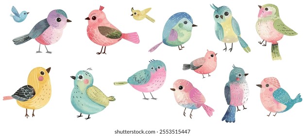 Colorful cartoon birds vector collection in pasterl pink blue light green and yellow colors. Fun, vibrant, and cheerful small bird couples for Valentine's Day design.