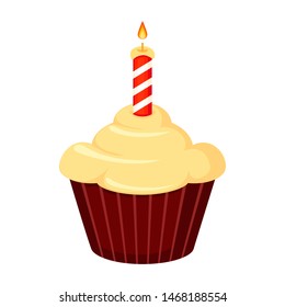 Colorful cartoon birthday cupcake, burning candle on top. Holiday party themed vector illustration for icon, stamp, label, certificate, brochure, gift card, poster, coupon or banner decoration