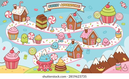 Colorful cartoon board game path titled sweet adventure decorated with gingerbread houses, cupcakes, and cute candies.