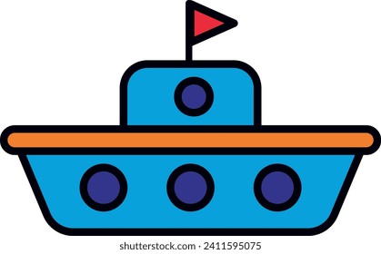Colorful cartoon boat with a red flag, blue body, and orange base.
