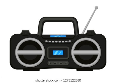 Colorful cartoon boombox. Audio entertament retro device. Media theme vector illustration for icon, logo, stamp, label, badge, certificate, leaflet, poster, brochure or banner decoration