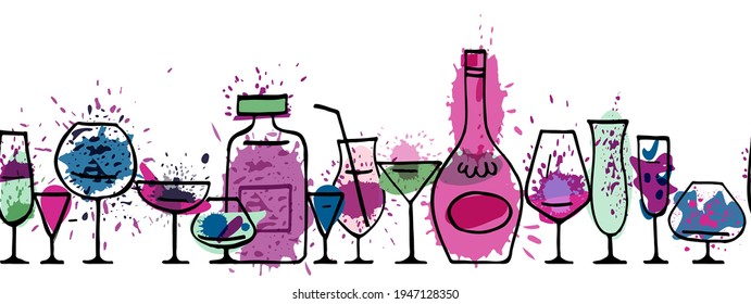 Botellas de dibujos animados coloridas. Borde de cinta sin cable. Ilustración del vector