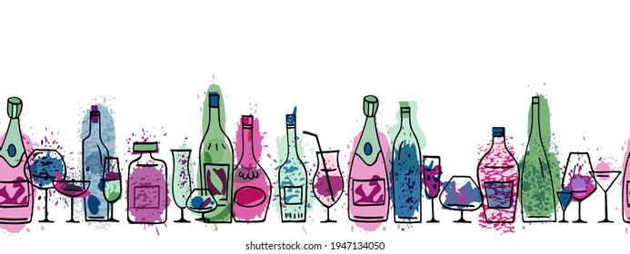 Botellas de dibujos animados coloridas. Borde de cinta sin cable. Ilustración del vector