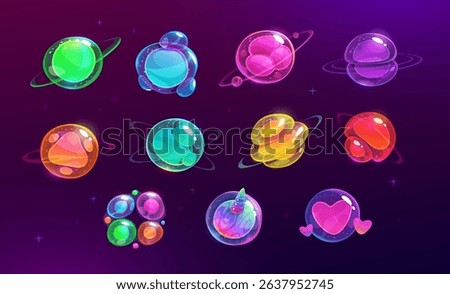 Colorful cartoon bubble planets with glossy textures on a dark space background. Bright, vibrant, fantasy orbs for games and cosmic designs. Cartoon vector illustration.