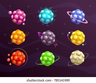 Colorful cartoon bubble planets set. Vector fantasy space icons.