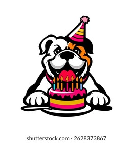 Colorful cartoon bulldog wearing a party hat with a birthday cake and candles, ideal for pet celebration themes, party invitations, and holiday greeting designs.