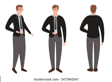 Colorful cartoon businessman, teacher or manager in casual clothes. Front, half side, back view. Modern flat vector illustration.