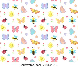 Colorful cartoon butterflies, bees, suns, ladybugs and flowers seamless pattern. Summer or spring concept.