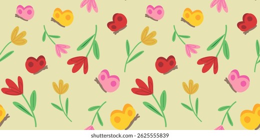 Colorful cartoon butterflies and flowers on a soft yellow background. Perfect for spring and summer themed designs. Great for kids’ fabric, wallpaper, and stationery projects.