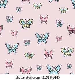 Colorful cartoon butterfly pattern for children, adorable vector repeat background
