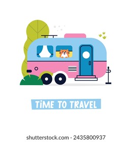 Colorful cartoon camper RV with cat. Road home Trailer. Holiday trip concept vector greeting card. Camping caravan car. Mobile home for vacation with plants, trees. Lettering Time to Travel