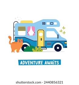 Colorful cartoon camper RV with cat. Road home Trailer. Holiday trip concept vector greeting card. Camping caravan car. Mobile home for vacation with plants, trees. Lettering Adventure Awaits