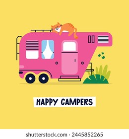 Colorful cartoon camper RV with cat. Road home Trailer. Holiday trip concept vector greeting card. Camping caravan car. Mobile home for vacation with plants, trees. Lettering Happy Campers