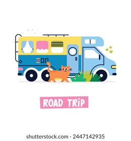 Colorful cartoon camper RV with cat. Road home Trailer. Holiday trip concept vector greeting card. Camping caravan car. Mobile home for vacation with plants, trees. Lettering Road Trip