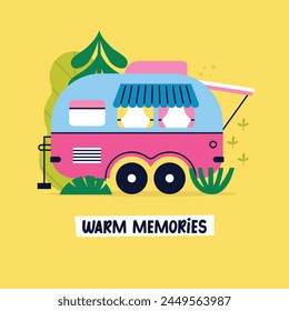 Colorful cartoon camper RV. Road home Trailer. Holiday trip concept vector greeting card. Camping caravan car. Mobile home for country and nature vacation with plants, trees. Lettering Warm memories