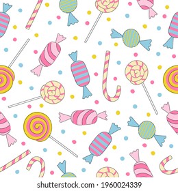 Colorful cartoon candies seamless pattern on white background