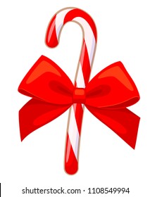 Colorful cartoon candy cane gift. Xmas themed vector illustration for icon, logo, sticker, patch, label, sign, badge, certificate or poster decoration