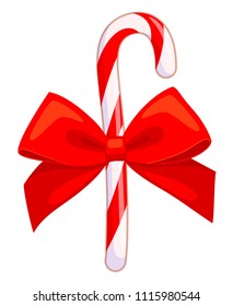 Colorful cartoon candy cane with red bow. Xmas themed vector illustration for icon, logo, sticker, patch, label, sign, badge, certificate or poster decoration