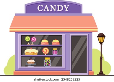 Exterior colorido de la tienda de caramelos de dibujos animados con pasteles, piruletas y tarros de caramelos que se muestran en la pantalla de la ventana, la lámpara de calle y los arbustos verdes al lado