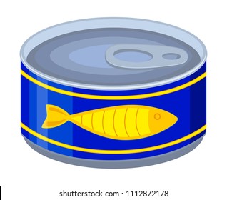 Colorful cartoon canned fish. Simple supply for domestic animal. Cat food vector illustration for icon, sticker, patch, label, badge, certificate or gift card decoration