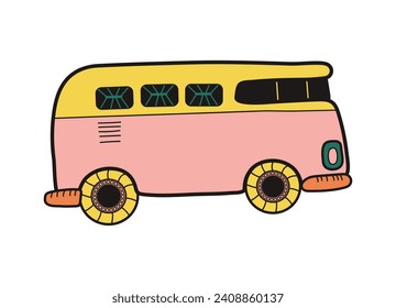 Colorful cartoon car. Travel car. House on wheels. Travel, vacation. Handsomely. Vector illustration isolated on white background.