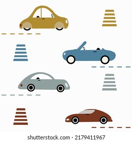Colorful cartoon cars, crosswalk and road