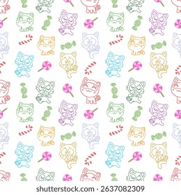 Colorful cartoon cat and candy pattern.
