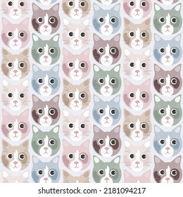 Colorful cartoon cat head seamless pattern