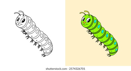 Colorful Cartoon Caterpillar Illustration with Coloring Page Version Included