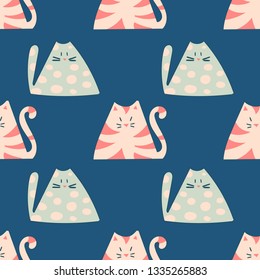 Colorful Cartoon cats in doodle style. funny animal seamless pattern