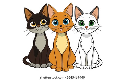 Desenho animado colorido Gatos Trio Bonito Brown, Laranja, e Gatinho Branco Ilustração