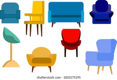  Colorful cartoon chairs set isolated on white background.Chair set. Comfortable empty chairs collection.