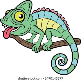 Colorful Cartoon Chameleon on Branch, Playful Kids' Illustration, Wildlife Themed Art, Educational Children’s Book Illustration, Vivid Animal Drawing