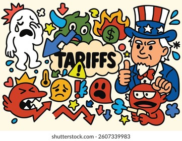Colorful cartoon chaos about global tariff crisis